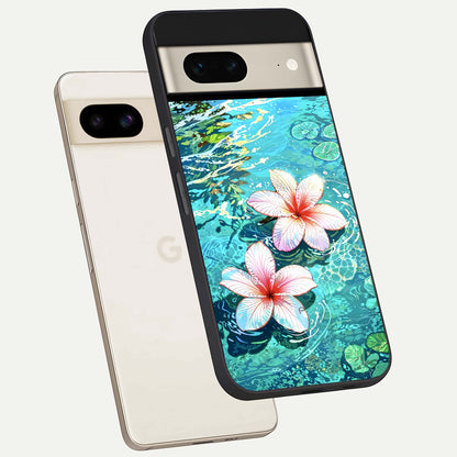  Pink Flowers in Water phone case For Google Pixel 7 showing premium glass back cover with detailed artwork