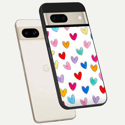  Playful Love Doodles phone case For Google Pixel 7 showing premium glass back cover with detailed artwork