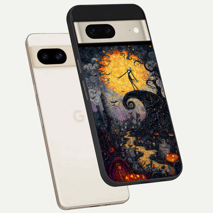  Pumpkin Moon Night phone case For Google Pixel 7 showing premium glass back cover with detailed artwork