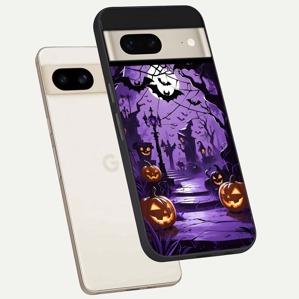  Pumpkin Patch Halloween phone case For Google Pixel 7 showing premium glass back cover with detailed artwork