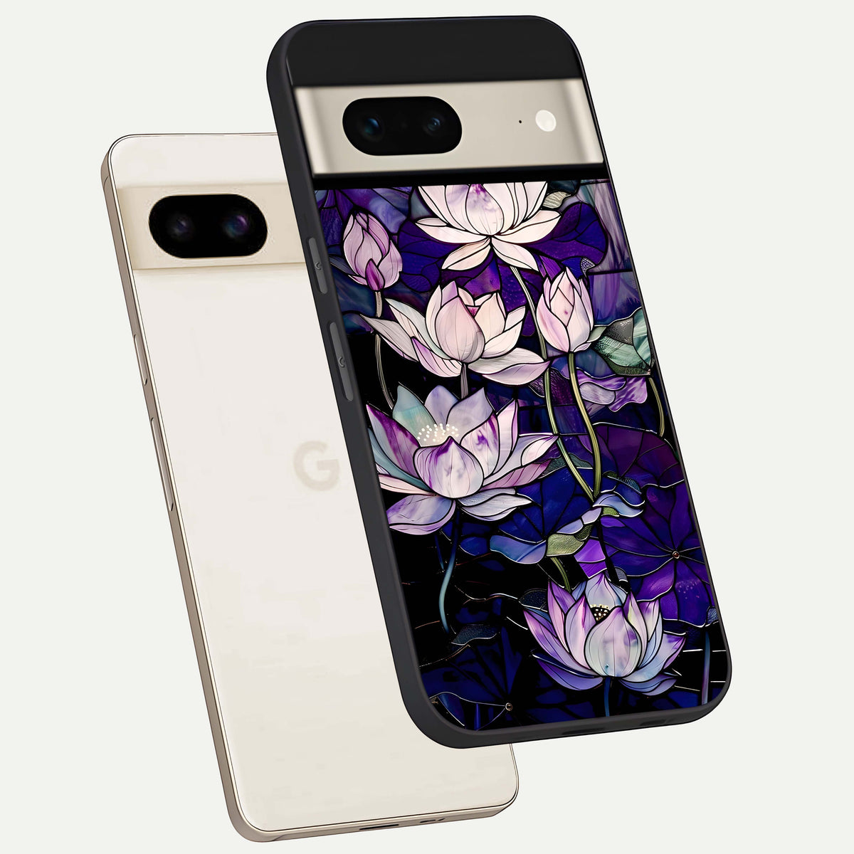  Purple Lotus Pattern phone case For Google Pixel 7 showing premium glass back cover with detailed artwork