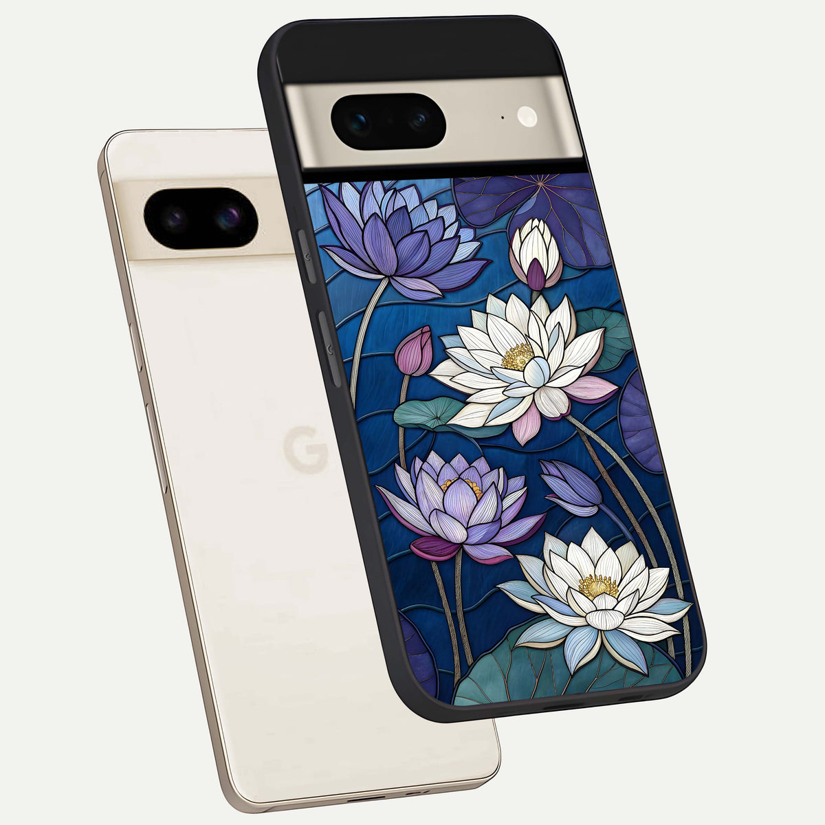  Purple Lotus Stained phone case For Google Pixel 7 showing premium glass back cover with detailed artwork