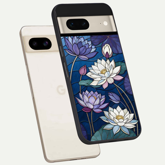  Purple Lotus Stained phone case For Google Pixel 7 showing premium glass back cover with detailed artwork