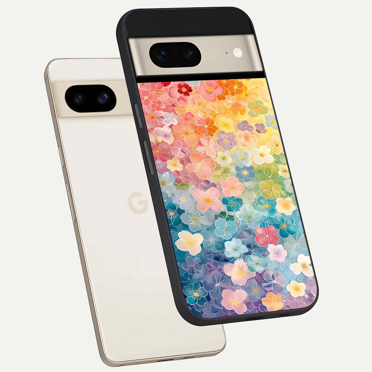  Rainbow Blossom Burst phone case For Google Pixel 7 showing premium glass back cover with detailed artwork