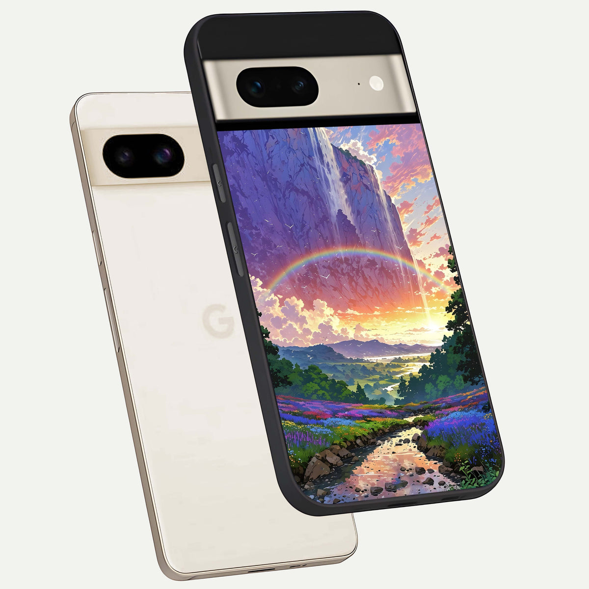  Rainbow Valley Dream phone case For Google Pixel 7 showing premium glass back cover with detailed artwork