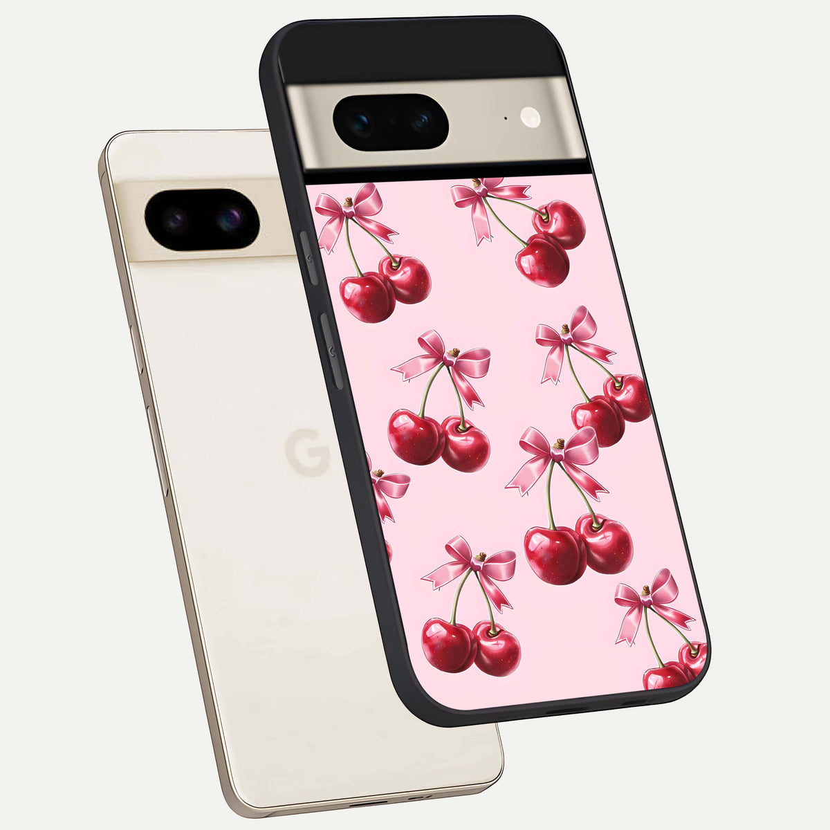  Red Cherries Pattern phone case For Google Pixel 7 showing premium glass back cover with detailed artwork