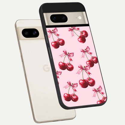  Red Cherries Pattern phone case For Google Pixel 7 showing premium glass back cover with detailed artwork