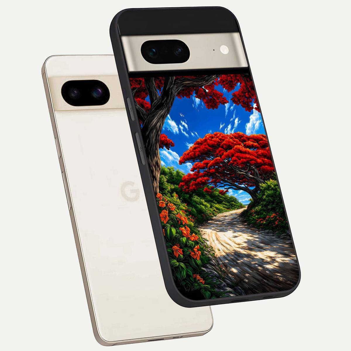  Red Trees Pathway phone case For Google Pixel 7 showing premium glass back cover with detailed artwork
