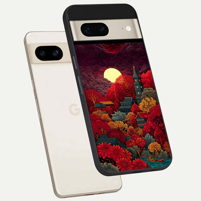  Scarlet Autumn Temple phone case For Google Pixel 7 showing premium glass back cover with detailed artwork