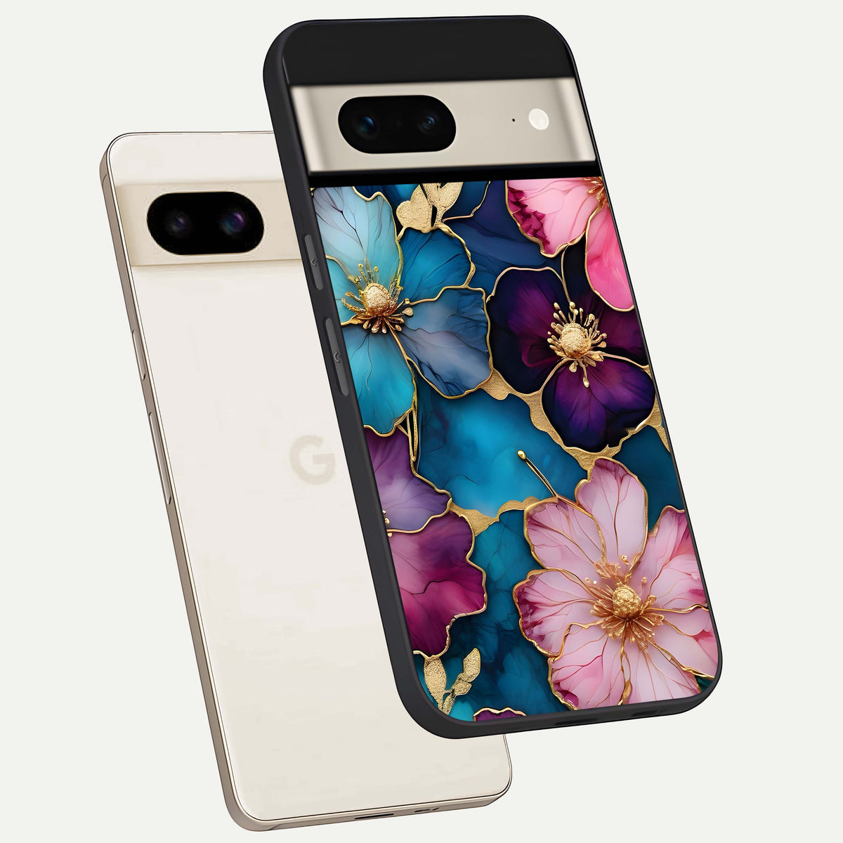  Sparkle Floral phone case For Google Pixel 7 showing premium glass back cover with detailed artwork