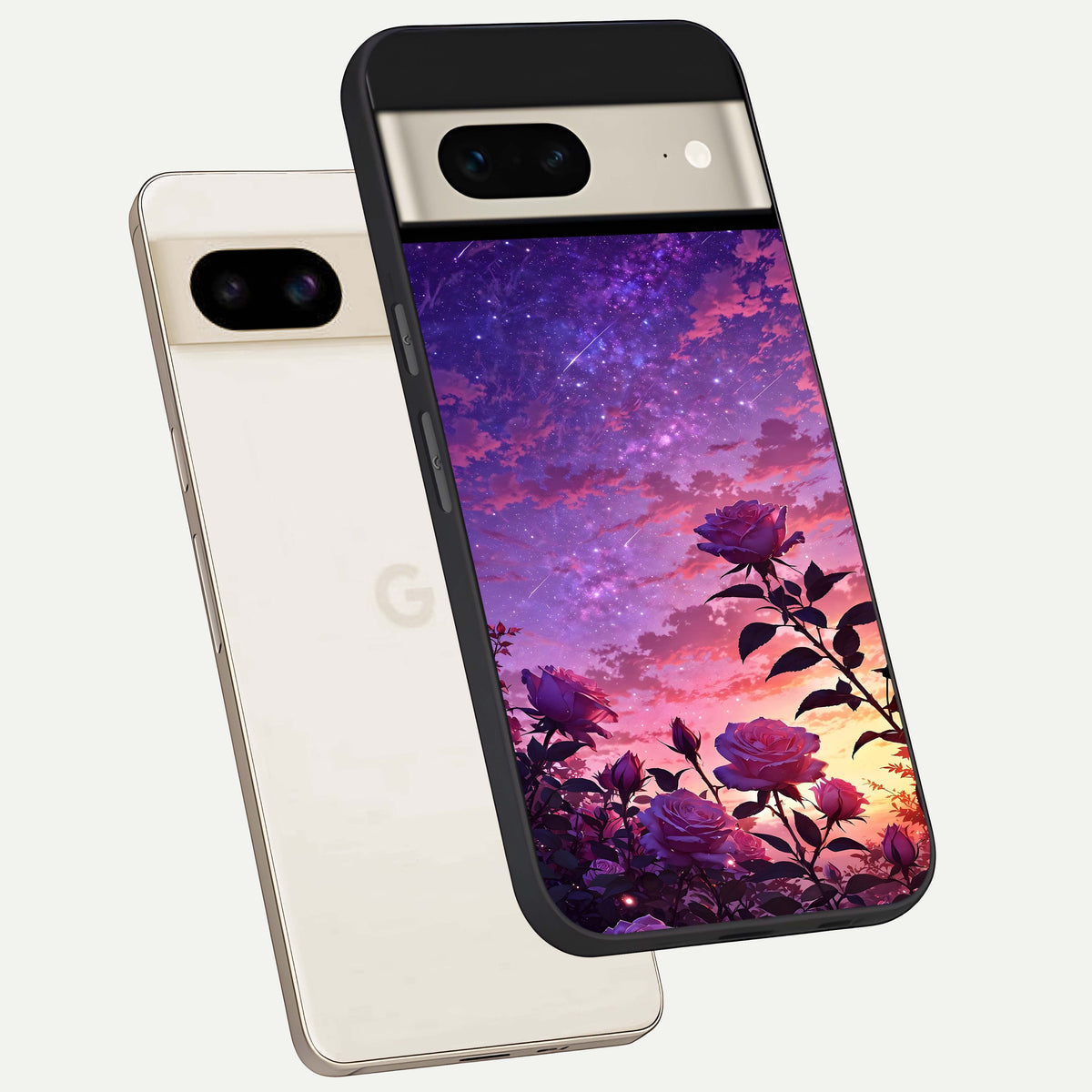  Starlit Rose Twilight phone case For Google Pixel 7 showing premium glass back cover with detailed artwork