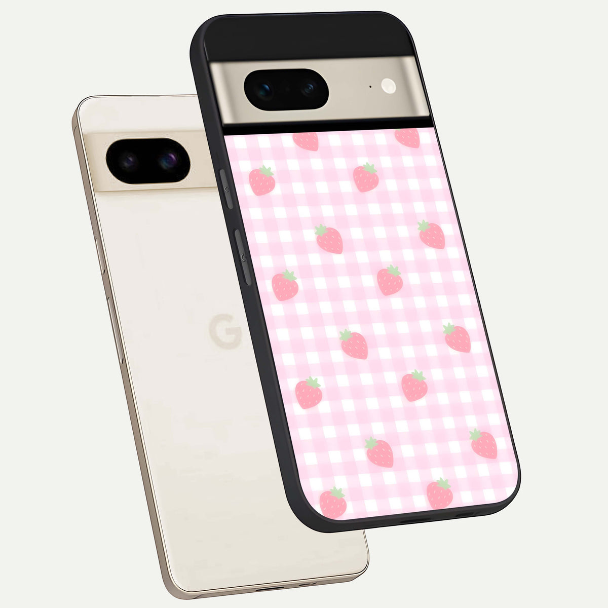 Strawberry Picnic Love phone case For Google Pixel 7 showing premium glass back cover with detailed artwork