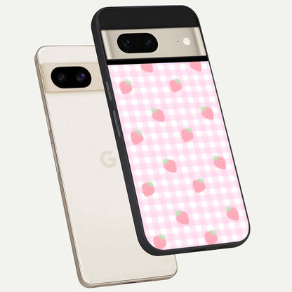  Strawberry Picnic Love phone case For Google Pixel 7 showing premium glass back cover with detailed artwork