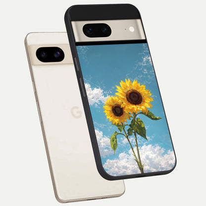  Sunlit Daisy Glow phone case For Google Pixel 7 showing premium glass back cover with detailed artwork