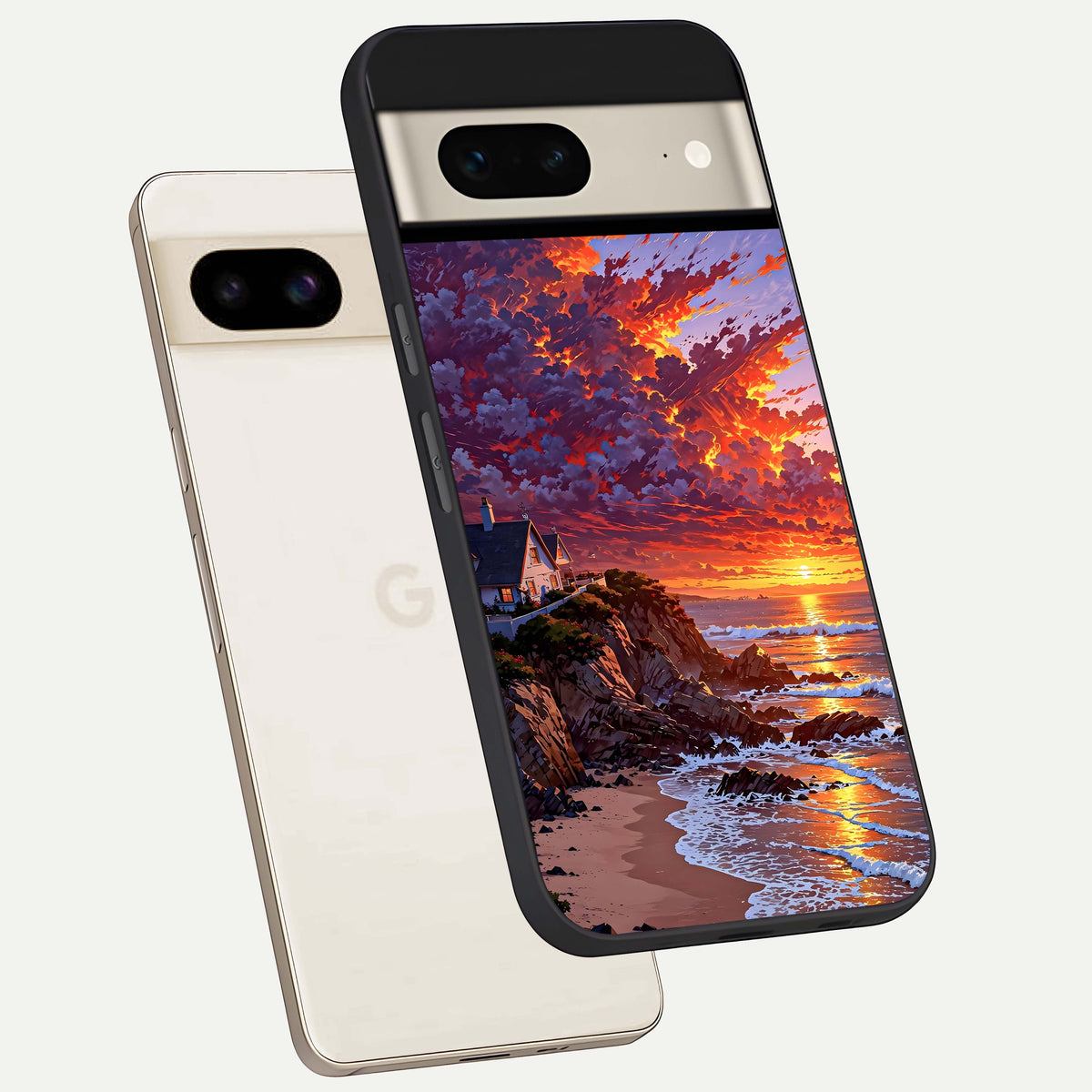  Sunset House By Sea phone case For Google Pixel 7 showing premium glass back cover with detailed artwork