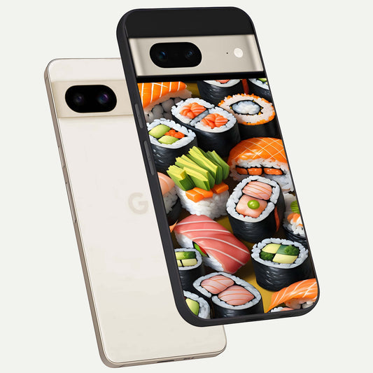  Sushi Food Pattern phone case For Google Pixel 7 showing premium glass back cover with detailed artwork