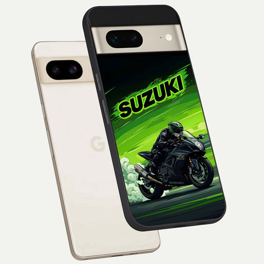  Suzuki Speed Beast phone case For Google Pixel 7 showing premium glass back cover with detailed artwork