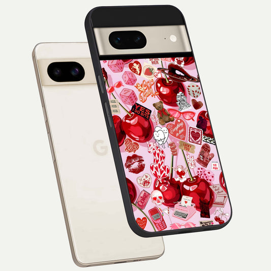  Sweet Cherry Chaos phone case For Google Pixel 7 showing premium glass back cover with detailed artwork