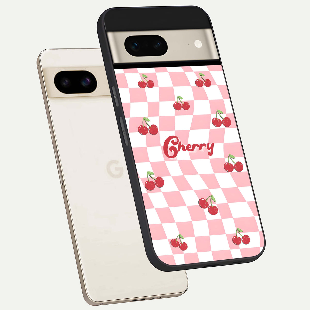  Sweet Cherry Vibes phone case For Google Pixel 7 showing premium glass back cover with detailed artwork