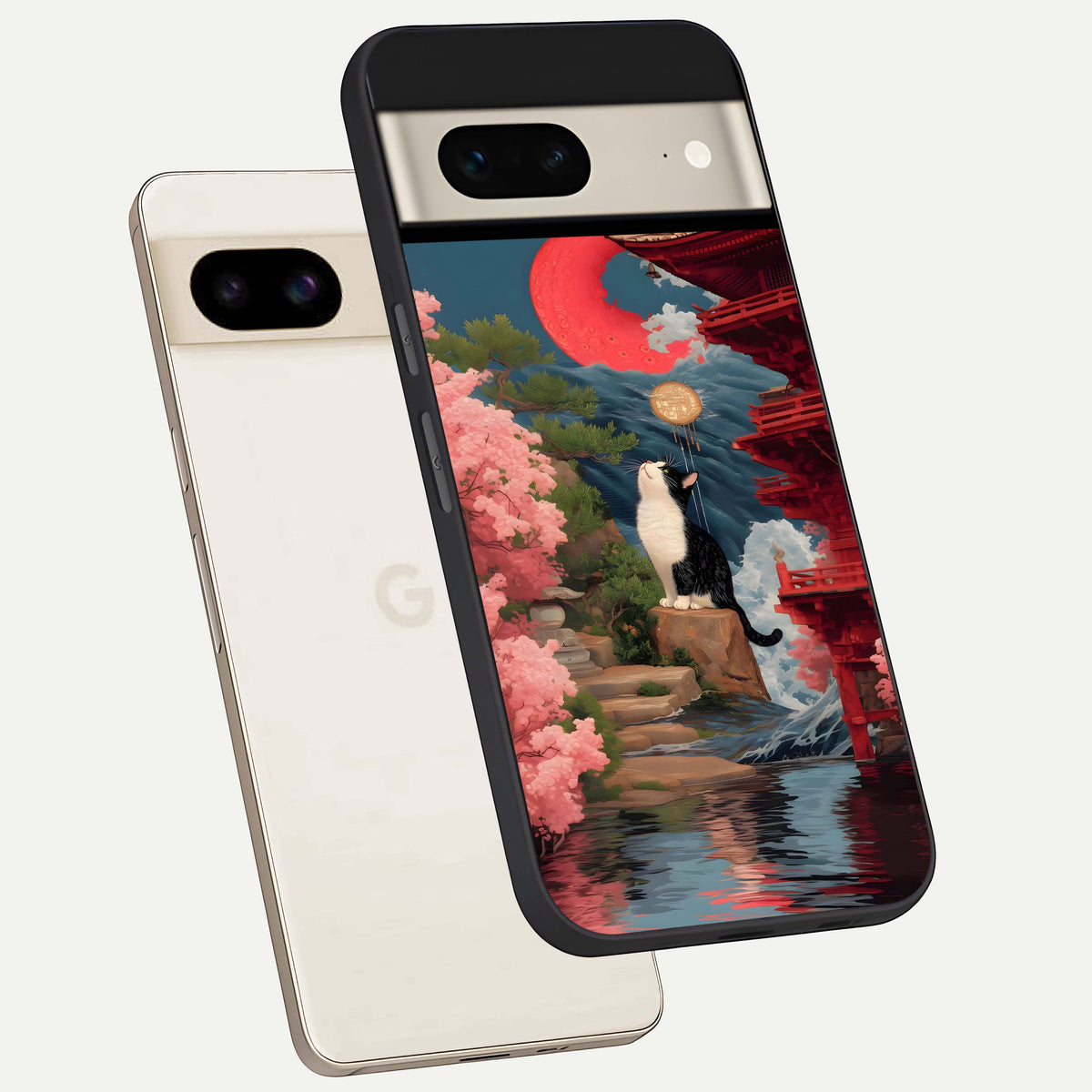  Temple Cat Scenery phone case For Google Pixel 7 showing premium glass back cover with detailed artwork