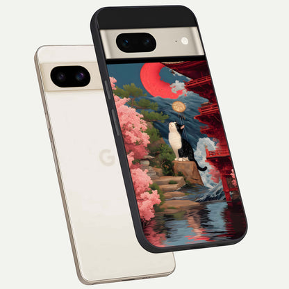  Temple Cat Scenery phone case For Google Pixel 7 showing premium glass back cover with detailed artwork