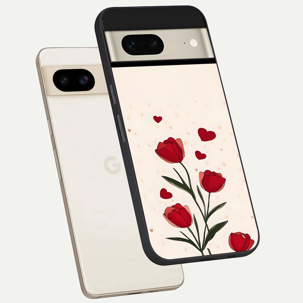  Tulip With Heart phone case For Google Pixel 7 showing premium glass back cover with detailed artwork