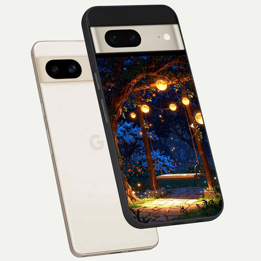  Twilight Garden Swing phone case For Google Pixel 7 showing premium glass back cover with detailed artwork