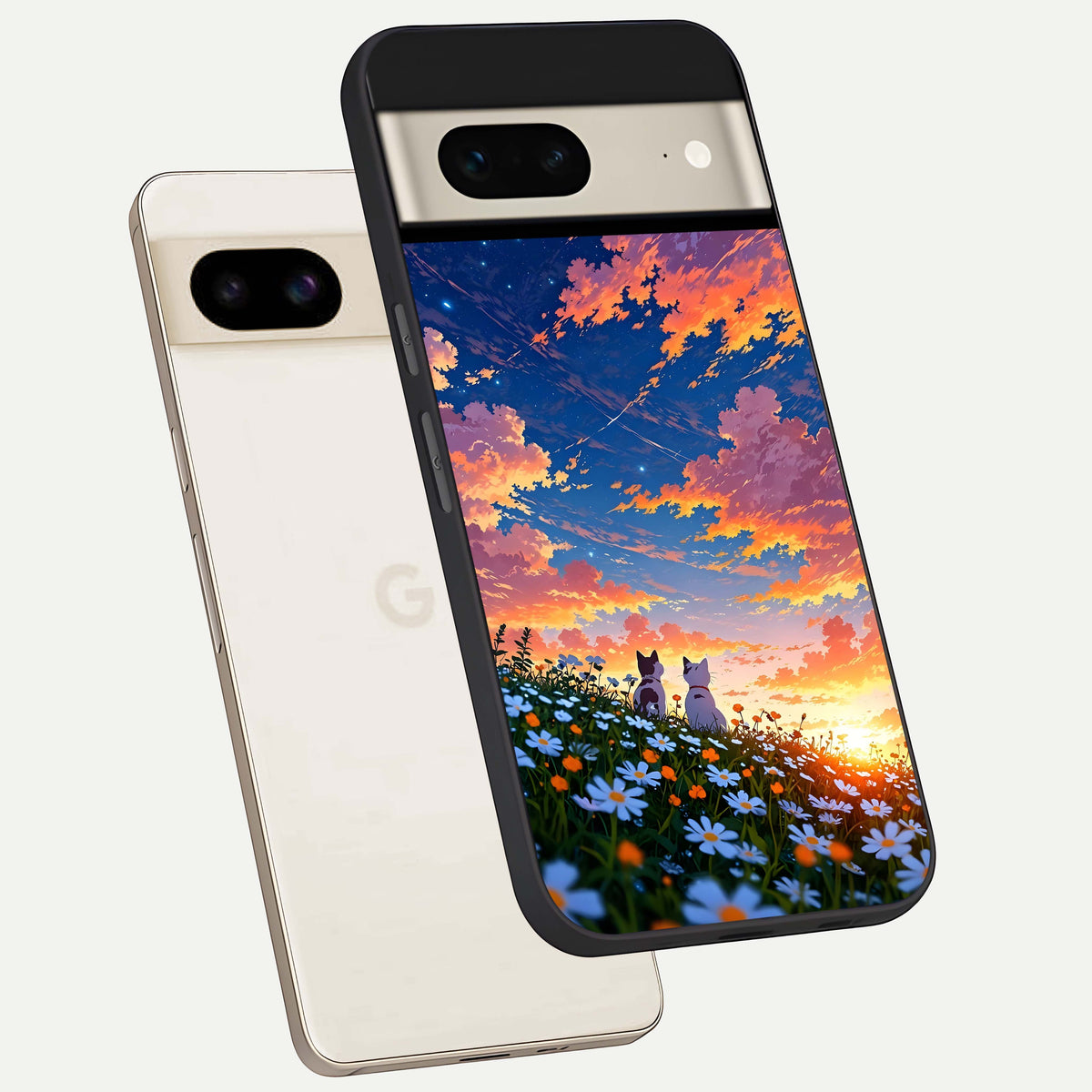  Two Cats Friends phone case For Google Pixel 7 showing premium glass back cover with detailed artwork