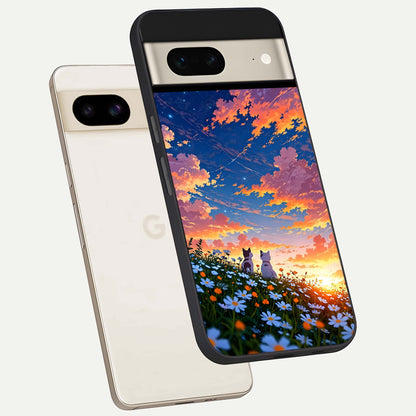  Two Cats Friends phone case For Google Pixel 7 showing premium glass back cover with detailed artwork