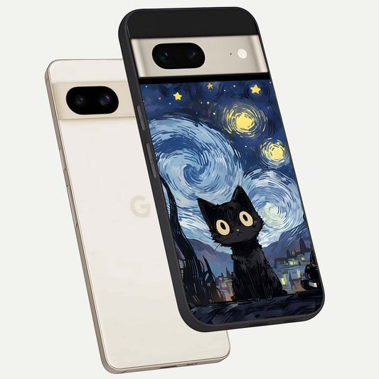  Van Gogh Cat phone case For Google Pixel 7 showing premium glass back cover with detailed artwork