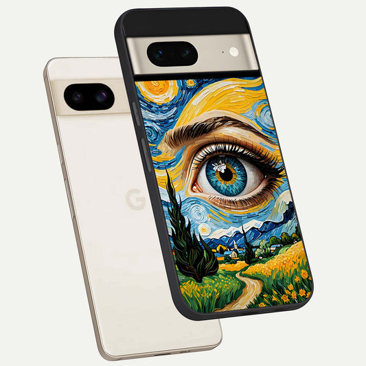  Van Gogh Eye phone case For Google Pixel 7 showing premium glass back cover with detailed artwork