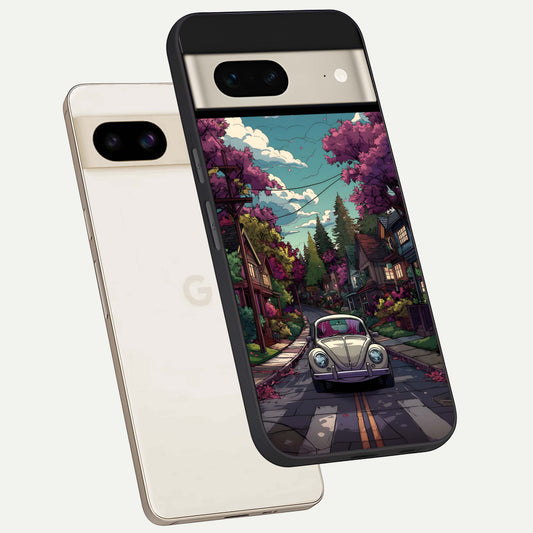  Vintage Street Drive phone case For Google Pixel 7 showing premium glass back cover with detailed artwork