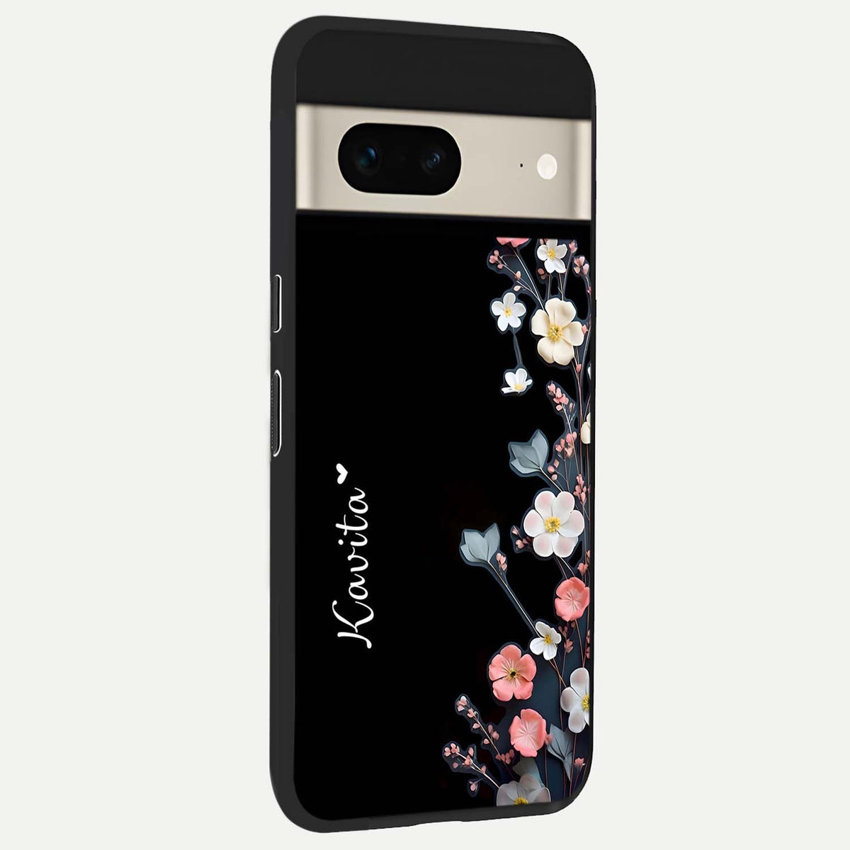  Black Elegance Floral Custom Name back cover For Google Pixel 7 slim fit glass case with vibrant aesthetic design