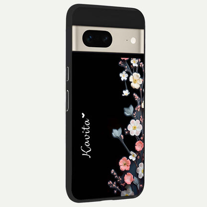  Black Elegance Floral Custom Name back cover For Google Pixel 7 slim fit glass case with vibrant aesthetic design
