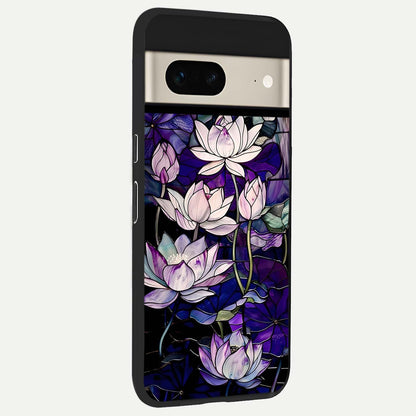  Purple Lotus Pattern back cover For Google Pixel 7 slim fit glass case with vibrant aesthetic design