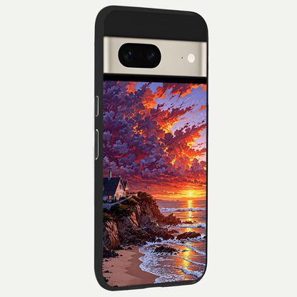  Sunset House By Sea back cover For Google Pixel 7 slim fit glass case with vibrant aesthetic design