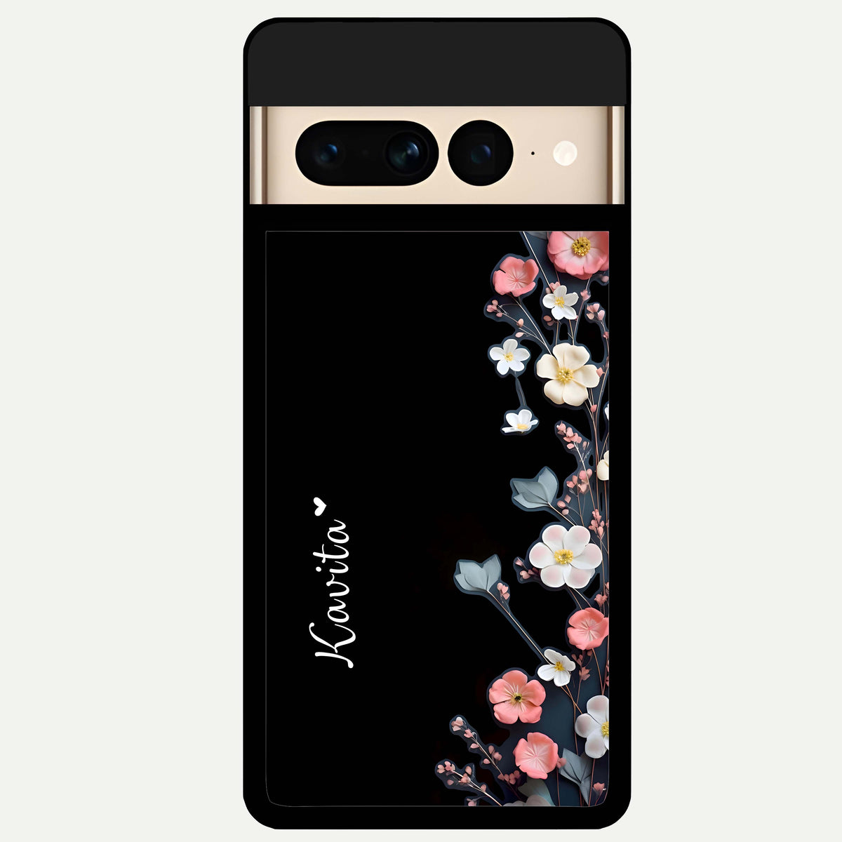  Black Elegance Floral Custom Name Glass Case For Google Pixel 7 Pro back cover – full design glossy printed glass finish