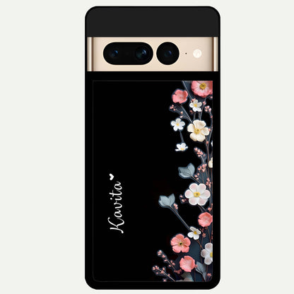  Black Elegance Floral Custom Name Glass Case For Google Pixel 7 Pro back cover – full design glossy printed glass finish
