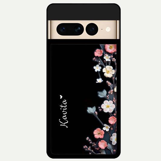  Black Elegance Floral Custom Name Glass Case For Google Pixel 7 Pro back cover – full design glossy printed glass finish