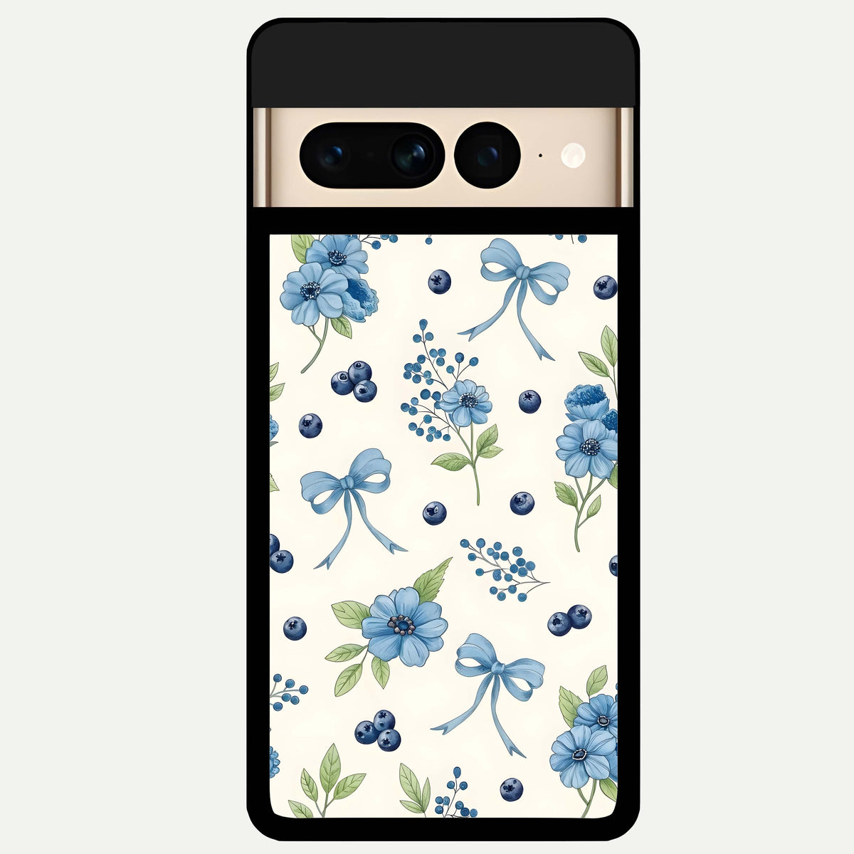  Blue Flower And Bow Glass Case For Google Pixel 7 Pro back cover – full design glossy printed glass finish