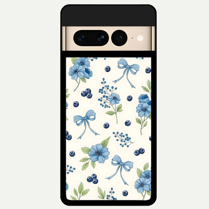  Blue Flower And Bow Glass Case For Google Pixel 7 Pro back cover – full design glossy printed glass finish