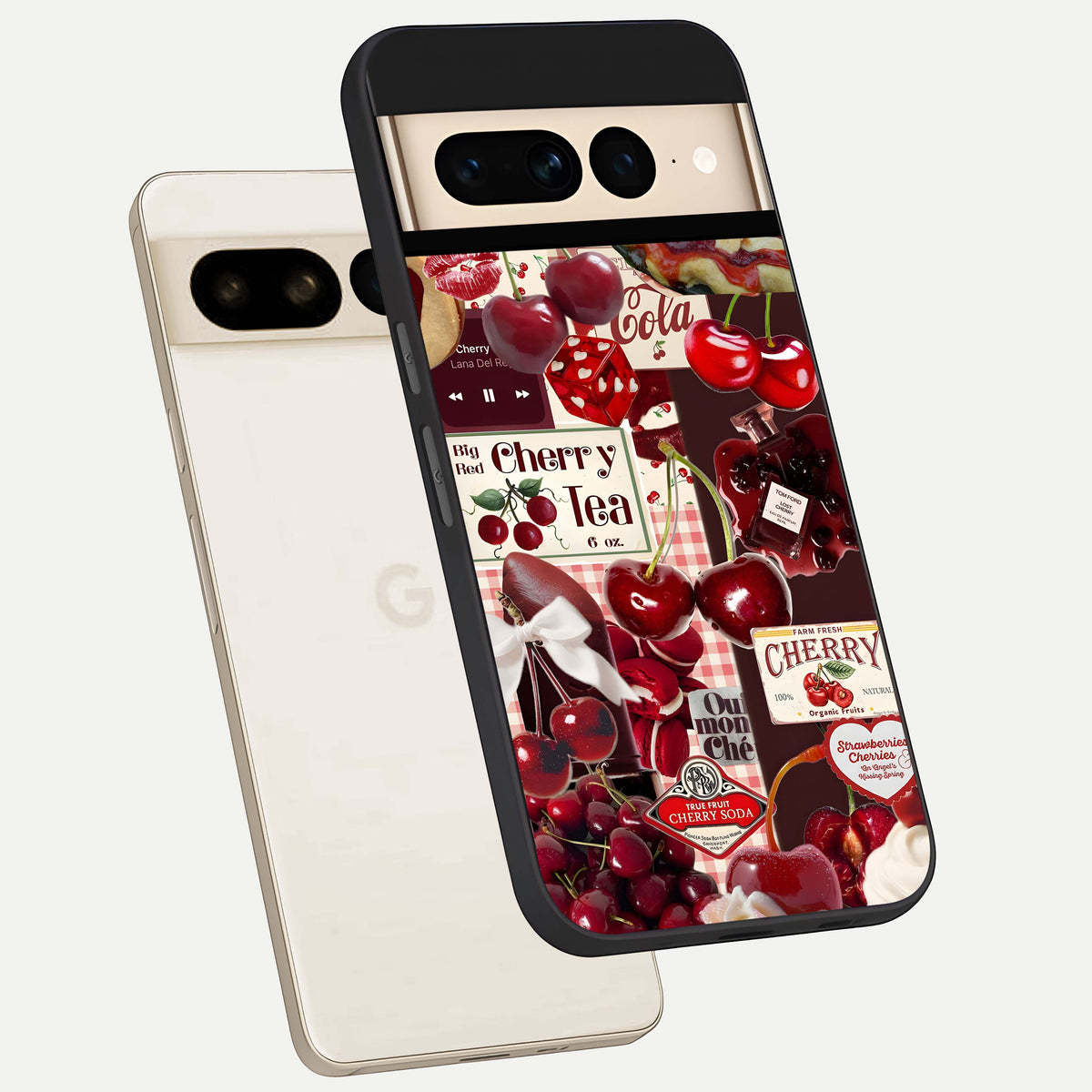  Aesthetic Cherry Tea phone case For Google Pixel 7 Pro showing premium glass back cover with detailed artwork