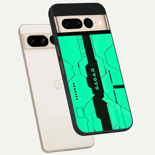  Aqua Tech CYBERPUNK Custom Name phone case For Google Pixel 7 Pro showing premium glass back cover with detailed artwork