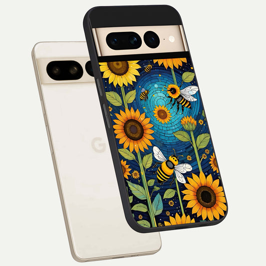  Bees And Sunflowers phone case For Google Pixel 7 Pro showing premium glass back cover with detailed artwork
