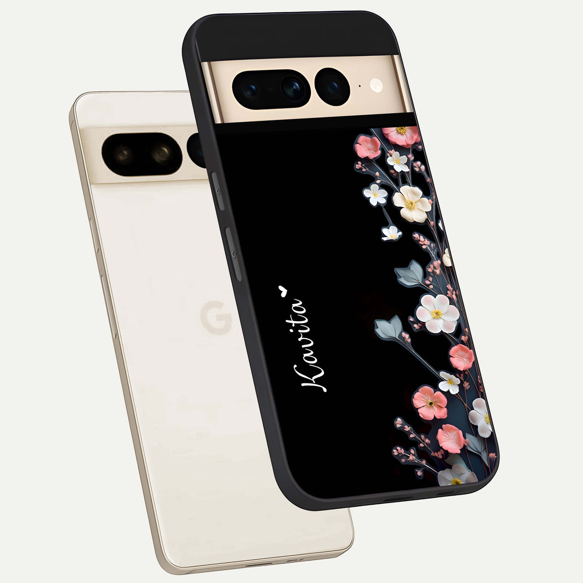  Black Elegance Floral Custom Name phone case For Google Pixel 7 Pro showing premium glass back cover with detailed artwork