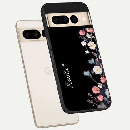  Black Elegance Floral Custom Name phone case For Google Pixel 7 Pro showing premium glass back cover with detailed artwork