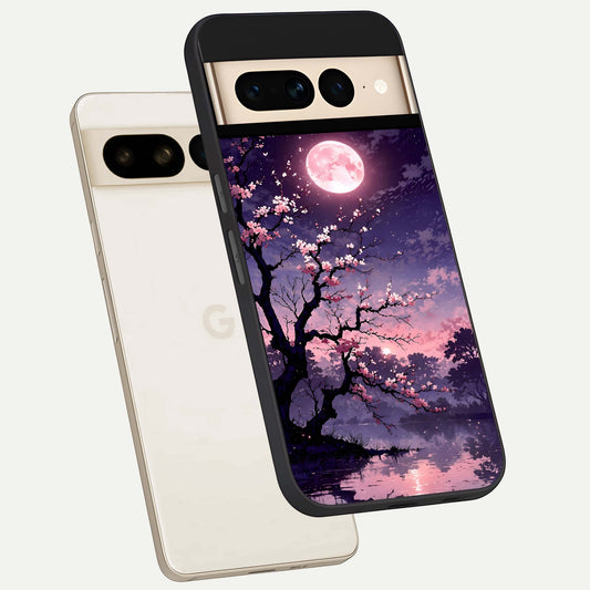  Blossom Pink Moon phone case For Google Pixel 7 Pro showing premium glass back cover with detailed artwork