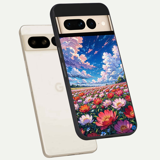  Blossom Sky Field phone case For Google Pixel 7 Pro showing premium glass back cover with detailed artwork