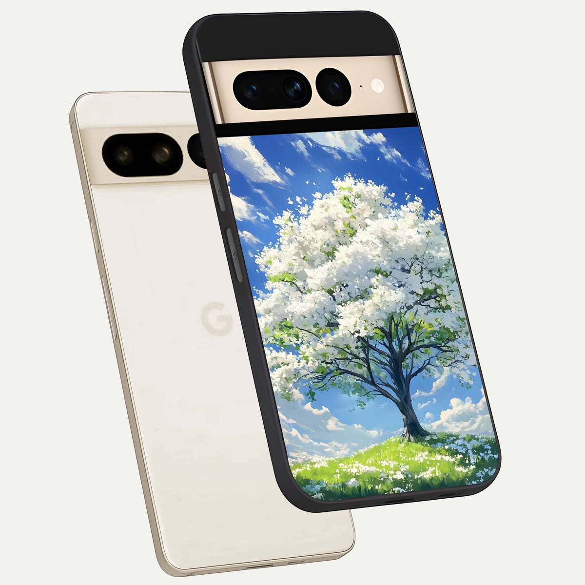  Blossom Sky Serenity phone case For Google Pixel 7 Pro showing premium glass back cover with detailed artwork