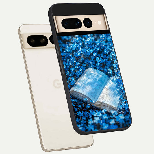  Blue Bloom Tales phone case For Google Pixel 7 Pro showing premium glass back cover with detailed artwork